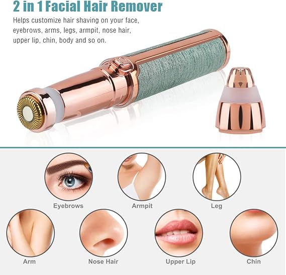 2 In 1 Flawless Facial Hair Remover | Rechargeable Waterproof Shaver With Led Light For Eyebrow Upper Lip Chin Armpit