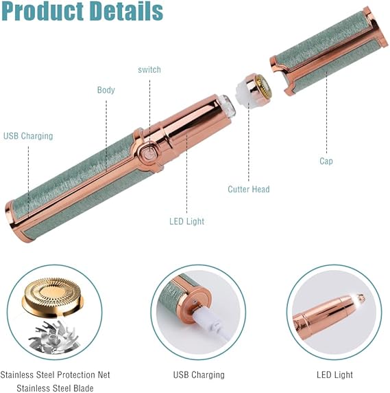 2 In 1 Flawless Facial Hair Remover | Rechargeable Waterproof Shaver With Led Light For Eyebrow Upper Lip Chin Armpit